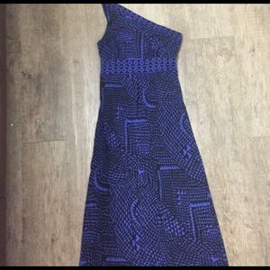 BCBGMaxAzria One-Shoulder Geometric Print Dress in Black and Blue